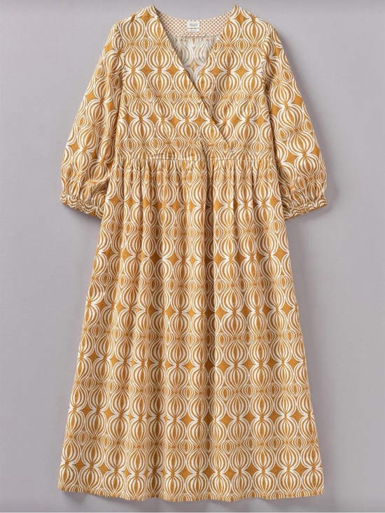 Toast Dresses & Skirts - Toast UK Cross Front Yellow Seed Pod Block Print Midi Dress Size Small Cotton